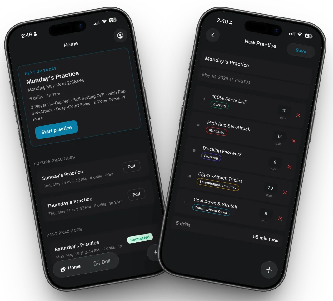 SoloCoach volleyball practice planner: home screen and live practice view