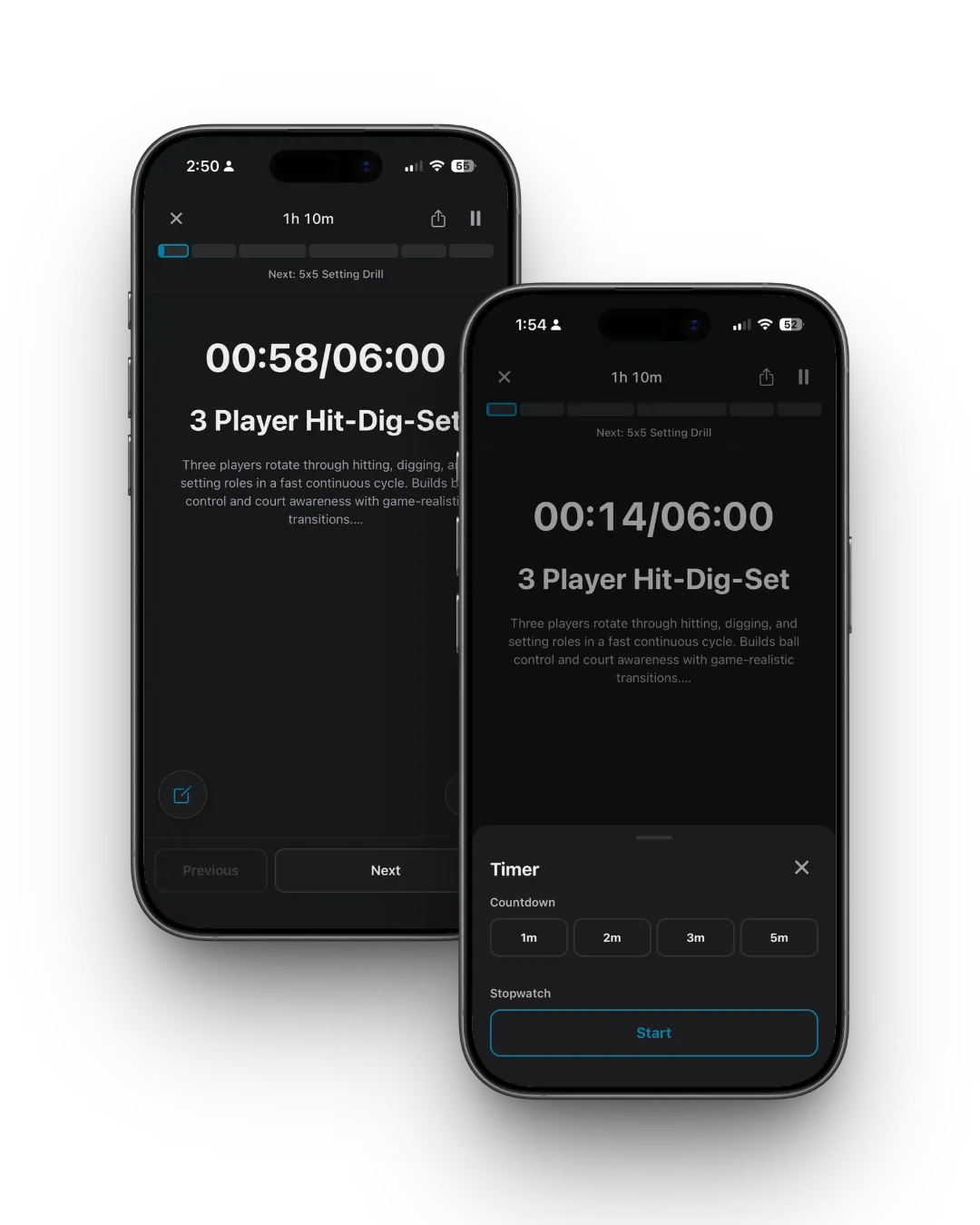 SoloCoach live run screen with countdown timer and next drill