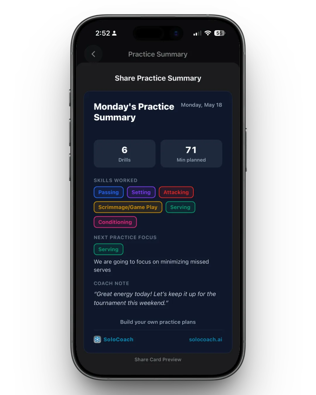 SoloCoach practice recap and share screens